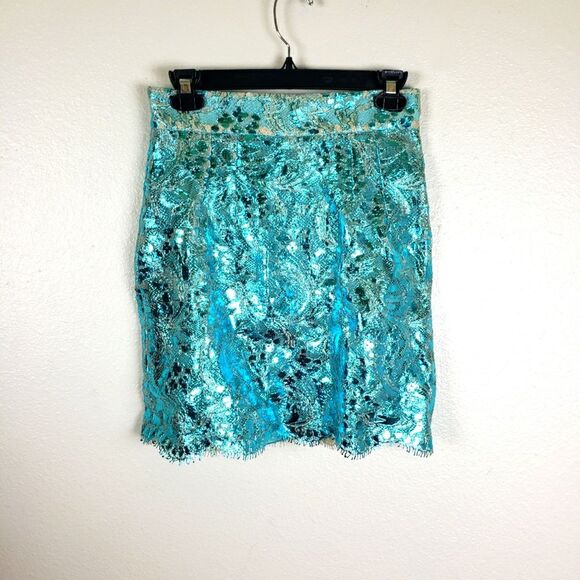 Dolce & Gabbana Women's Blue Metallic Cut Out Zip Mini Skirt Size Fr 42/US 6 - Picture 1 of 9